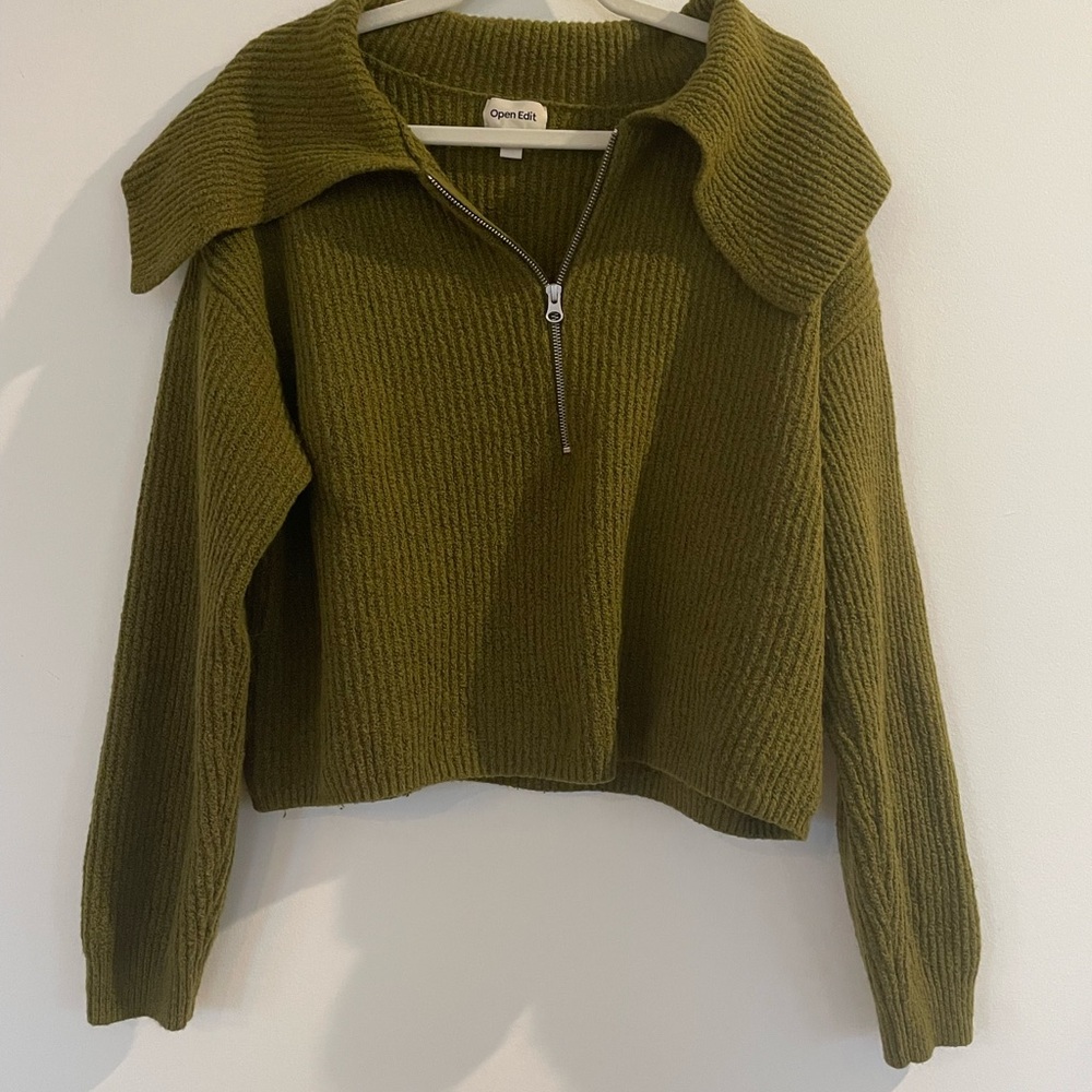 Open Edit Olive Green Sweater with Zipper Collar